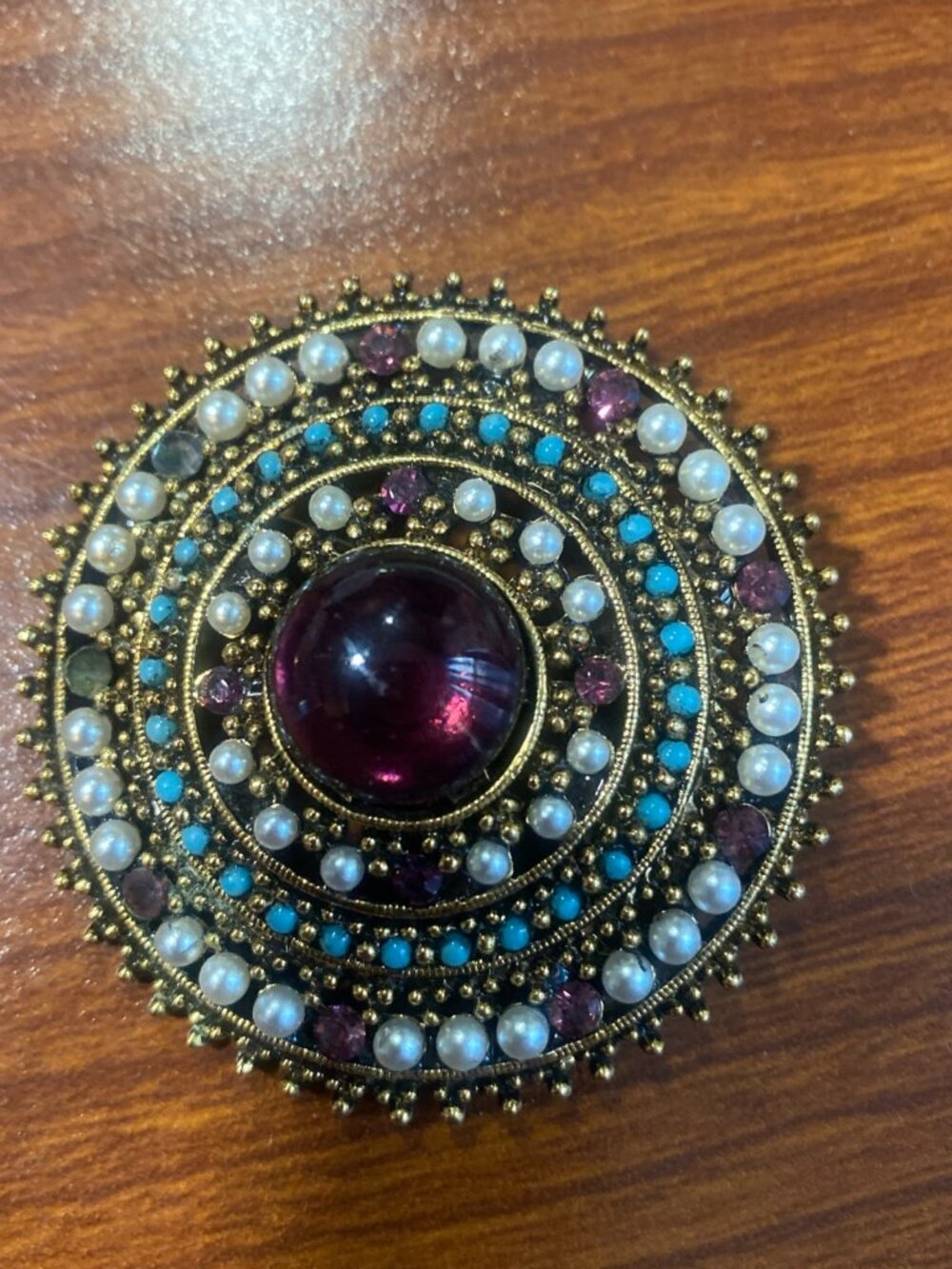 Vintage ART Arthur Pepper Rhinestone Brooch Purple Turquoise #328